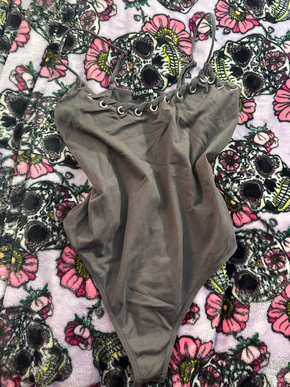 Fashion Nova Gray Lace-Up Strappy Bodysuit